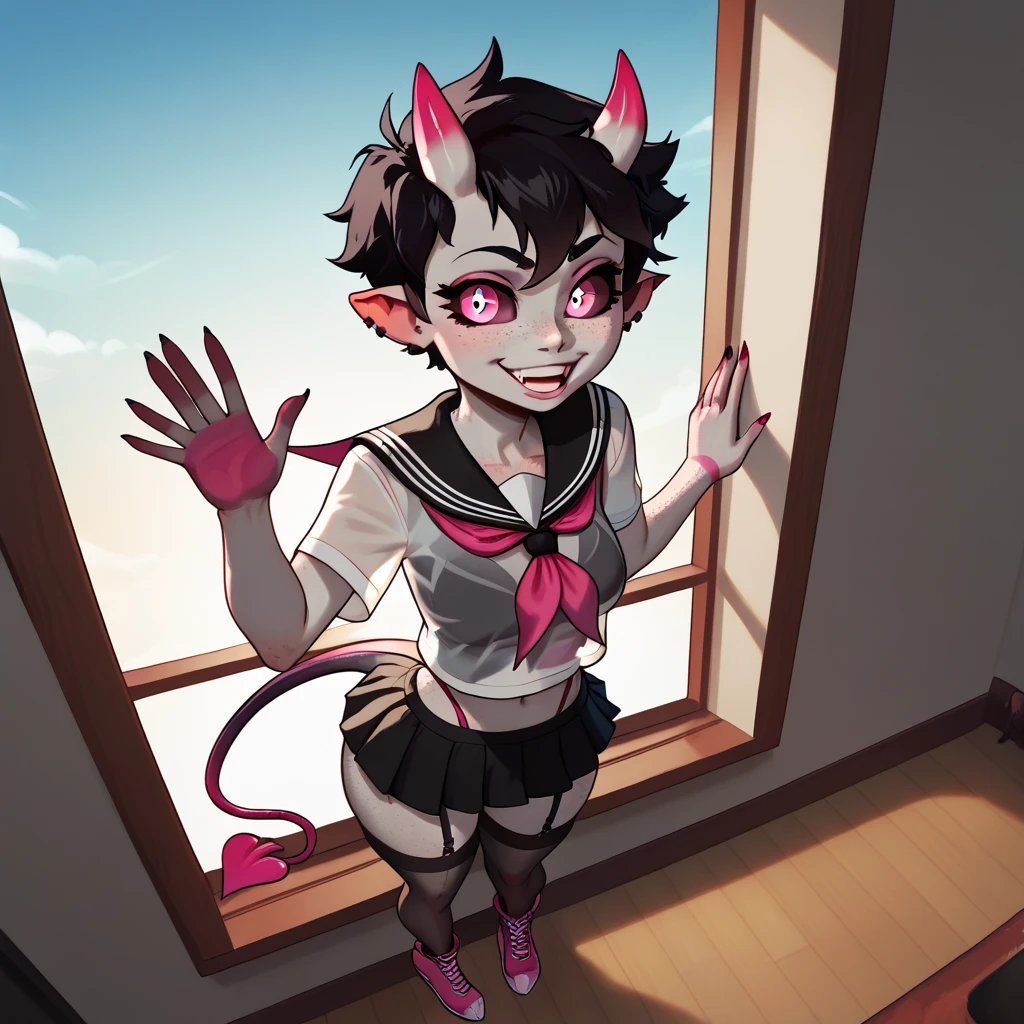 giddy tomboy succubus girl waving at viewer enthusiastically, score_9up, score_8up, 1girl, solo, standing pose, view from above, perfect face, freckles, (grey skin), black sclera, pointy ears, short black hair, beautiful friendly big pink eyes, small horns, 20yo, tiny preasts, wide hips, big butt, tiny demon wings, black skimpy outfit, black see-through mesh-serafuku, (transparent black mesh-top) black microskirt, pink heeled boots, thighhigh black nylon stockings, modern apartment background, (window with gloomy red eldritch sky in the background), ((hellish red sky)), dramatic lighting, excited, dynamic, dark scene, dimly light, full-body shot, cute canine