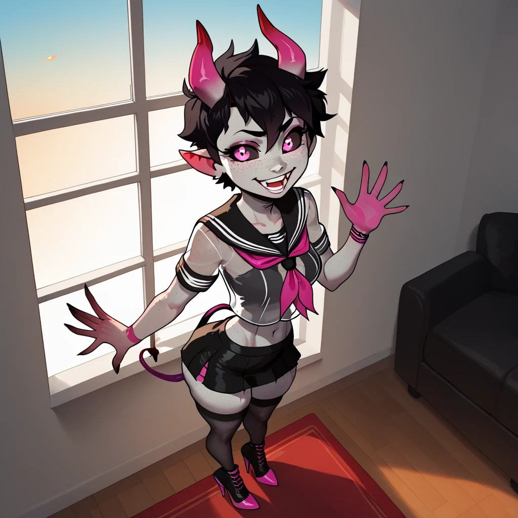 giddy tomboy succubus girl waving at viewer enthusiastically, score_9up, score_8up, 1girl, solo, standing pose, view from above, perfect face, freckles, (grey skin), black sclera, pointy ears, short black hair, beautiful friendly big pink eyes, small horns, 20yo, tiny preasts, wide hips, big butt, tiny demon wings, black skimpy outfit, black see-through mesh-serafuku, (transparent black mesh-top) black microskirt, pink heeled boots, thighhigh black nylon stockings, modern apartment background, (window with gloomy red eldritch sky in the background), ((hellish red sky)), dramatic lighting, excited, dynamic, dark scene, dimly light, full-body shot, cute canine