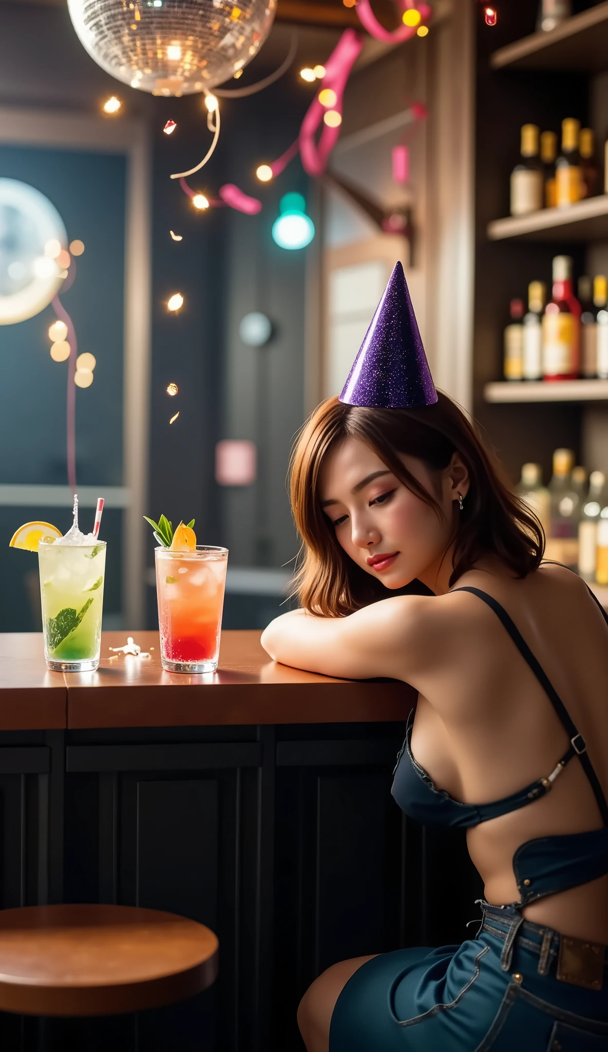 8K resolution, masterpiece, Highest quality, Award-winning works, A woman falls asleep at the bar counter after drinking too much at a New Year's party, disco, dance party, cocktails, mirror ball, party cone hat, new year party decorations, party hat