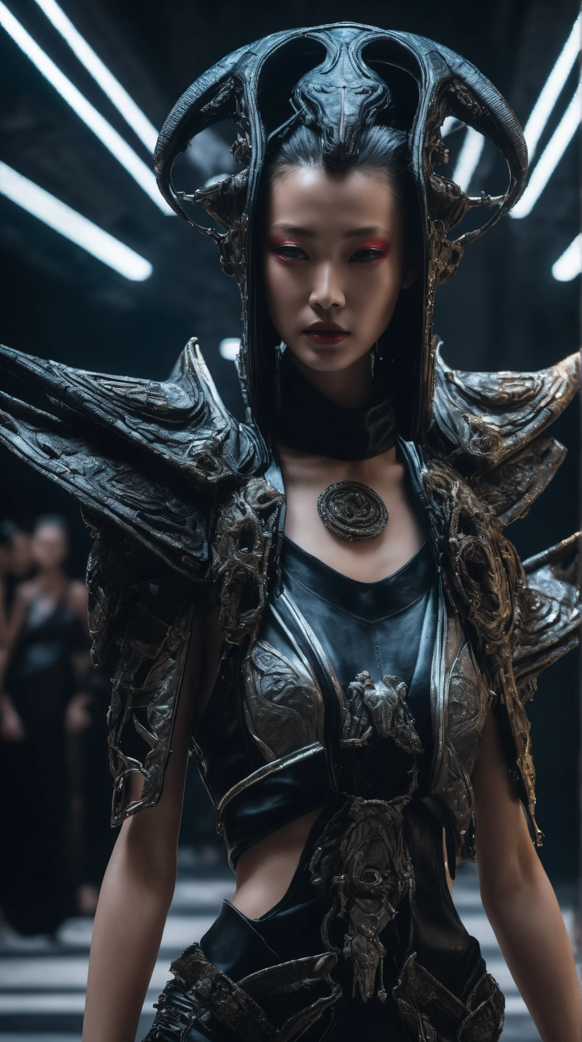 A fashion runway for alien technology , Cyberpunk fashion photography , Inspired by Chinese Xianxia and dark gothic,The fallen gods of Greek mythology,(Best quality,4K,8K,A high resolution,Masterpiece:1.2), (Realistic,Photorealistic,photo-realistic:1.37).