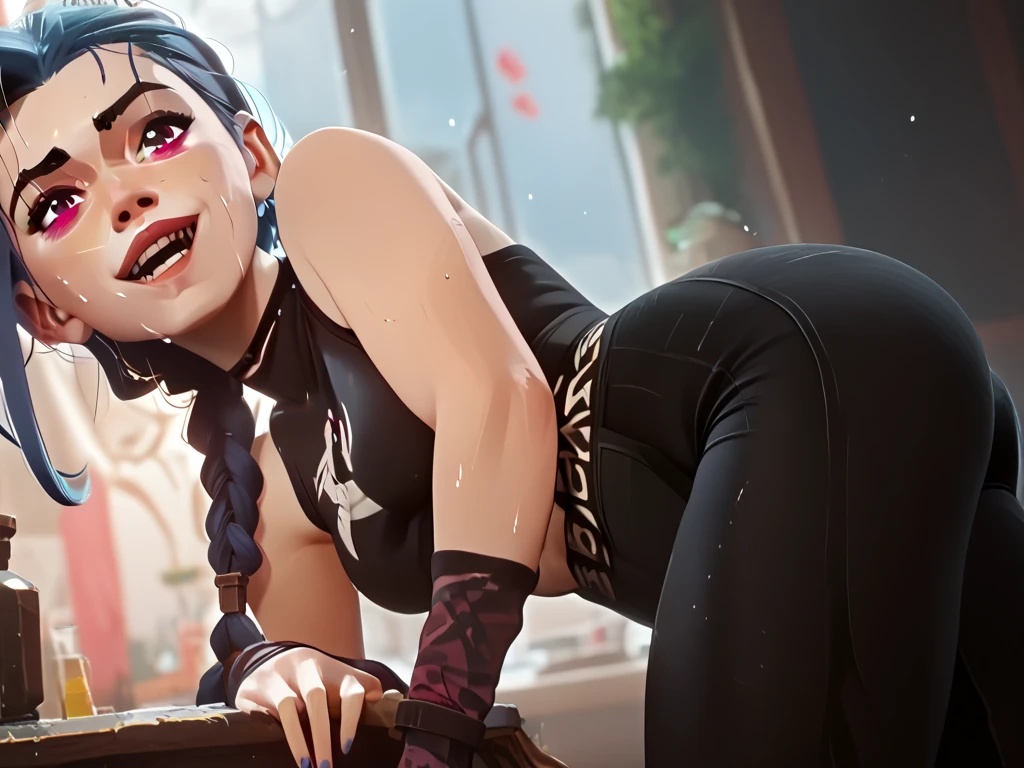 Overwatch render, Jinx,  n1kepr0 leggings, holding her ass, big breasts, excited facial expression, soft light, bright light, wardrobe, full frame, sexy pose, dripping sweat, beautiful fingers, dynamic pose, beautiful eyes, rear view