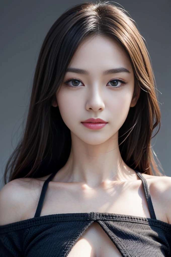 ((best qualtiy、8k masterpieces:1.3))、foco nítido:1.2、(ultra beautiful faces:1.0)、(shinny skin:1.0)、photos realistic、A dark-haired、Video Lighting、High-definition eyes and face、Video Lighting、(Korean Cute Actress)、from the front side、medium large breasts、ssmile、Sleeveless、Slender Abs Beauty、Wearing a tar neck knit
