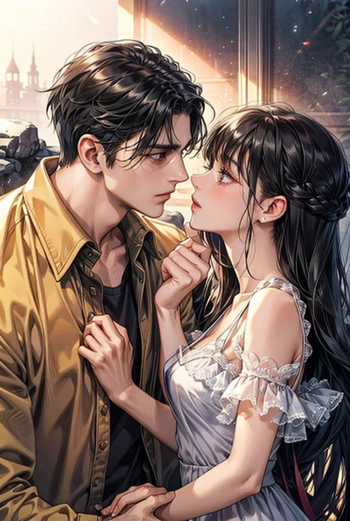 (Prompt A: excellent picture quality, indoors, warm love,) men and women hug, girls snuggle softly in boys' arms, boy's nose is attached to girls' long hair, girls put their hands in the crook of boys' arms, soft light.