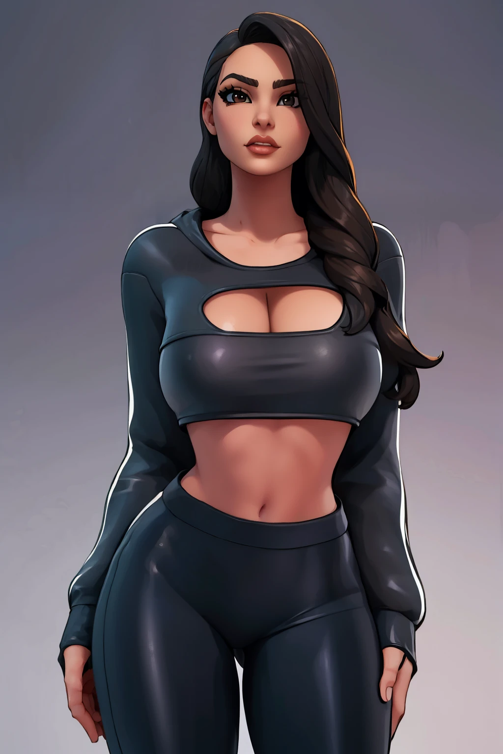 , Ruby fortnite, bone preto, black blouse, BLACK leggings, Bare abdomen,  detailed face,  perfect face ,  detailed eyes ,  brown eyes , neckline,  brown hair , is, curvilinear, Alone,  long hair,  dark black hair, black blouse,  black pants, massive  breasts 
