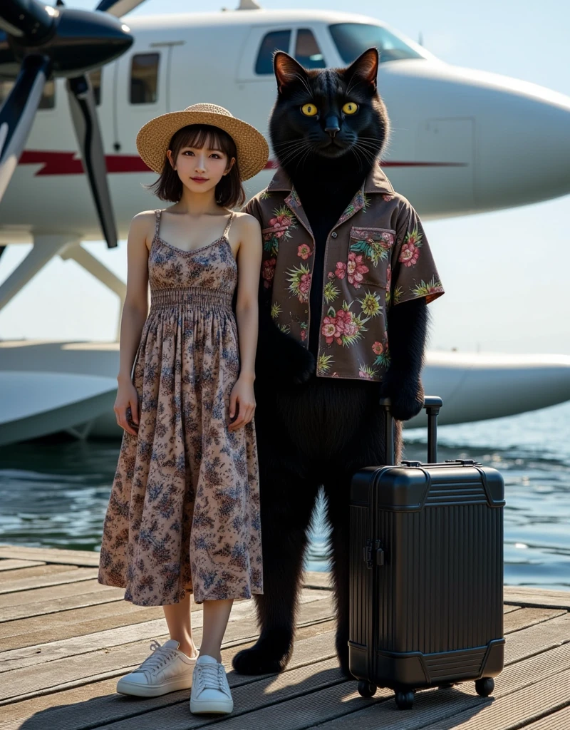 ultra-realistic, photorealistic, dramatic scene, shadow, global-illumination, solo, 1 girl\( 20 years old Japanese beautiful girl, beautiful with cute face, wearing a cute patterned one-piece dress with long skirt, pastel camisole, shoulder-length brown hair, accessories, simple sneaker, elegant hat\), 1 human-like giant black cat\( human-like giant black cat, bow tie, wearing a conservative aloha-shirt, slight taller than the girl, with her, wearing an dark colored aloha-shirt, holding a large suits case, little chubby\), the girl and human-like giant black cat are board the private flying boat moored at the private seaplane port, flying boat with single propeller, monoplane