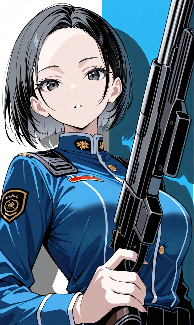 1girl, forehead, black eyes, detailed eyelashes, parted lips, short cut, holding gun, gun up,  horizontal  background,  shadow contrast, blue uniform, agent, looking at viewer, streamline, hair shadow, masterpiece, best quality, absurdres, highres, newest