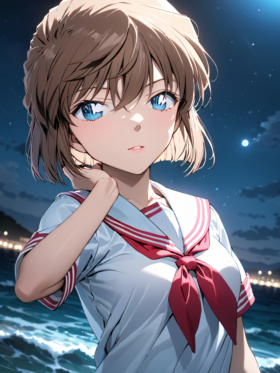 (Haibara Ai),  brown hair,  sailor suit,  high school girl, Night sea,  cowboy shot ,  low angle, masterpiece:1.5, masterpiece, highest quality, UHD, retina, masterpiece, accurate anatomy, super detailed, high quality, best quality, 8k