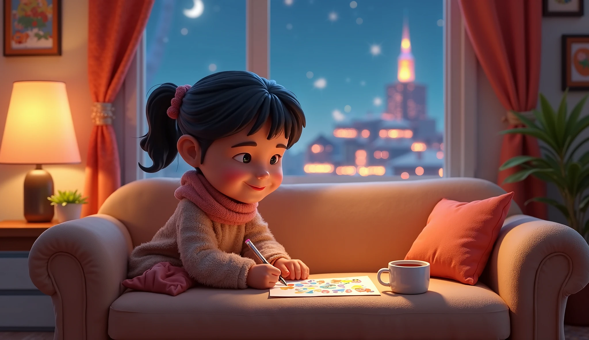 The  sitting on a cozy couch by a window, writing their wishes for the new year on a colorful piece of paper, with the city lights twinkling outside3D cartoon dsiney inspired