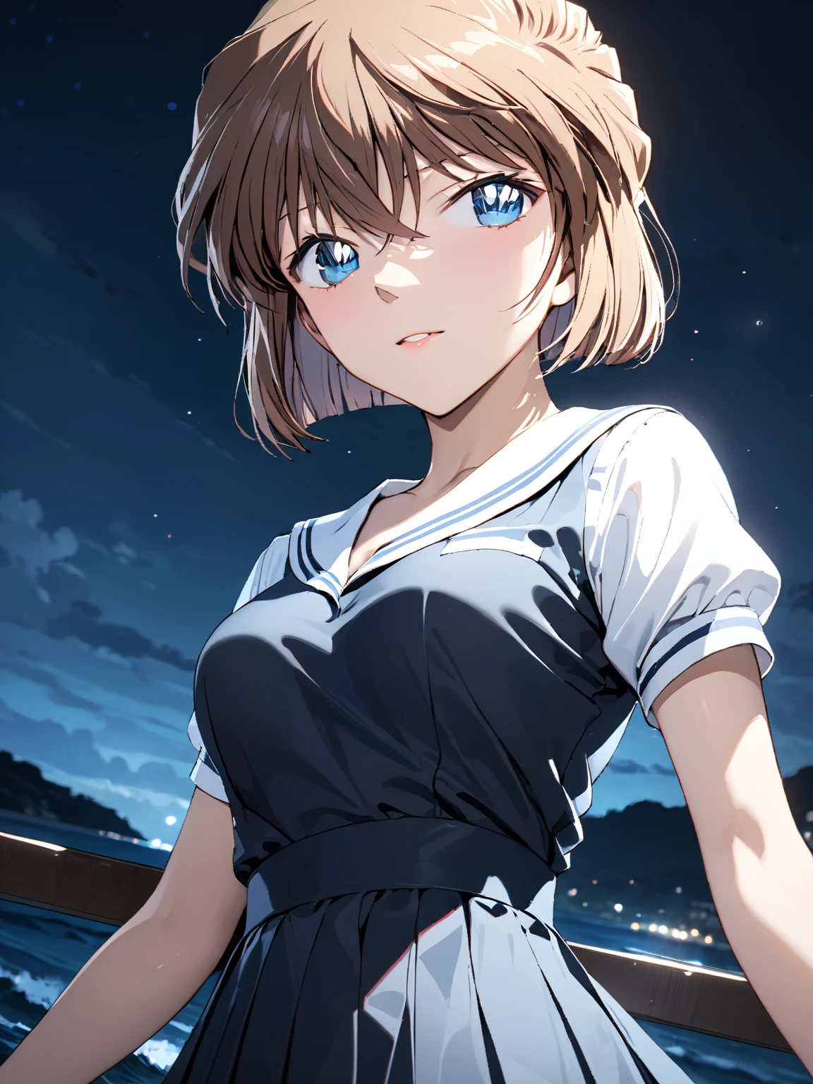 (Haibara Ai),  brown hair, White,  high school girl, Night sea,  cowboy shot ,  low angle, masterpiece:1.5, masterpiece, highest quality, UHD, retina, masterpiece, accurate anatomy, super detailed, high quality, best quality, 8k