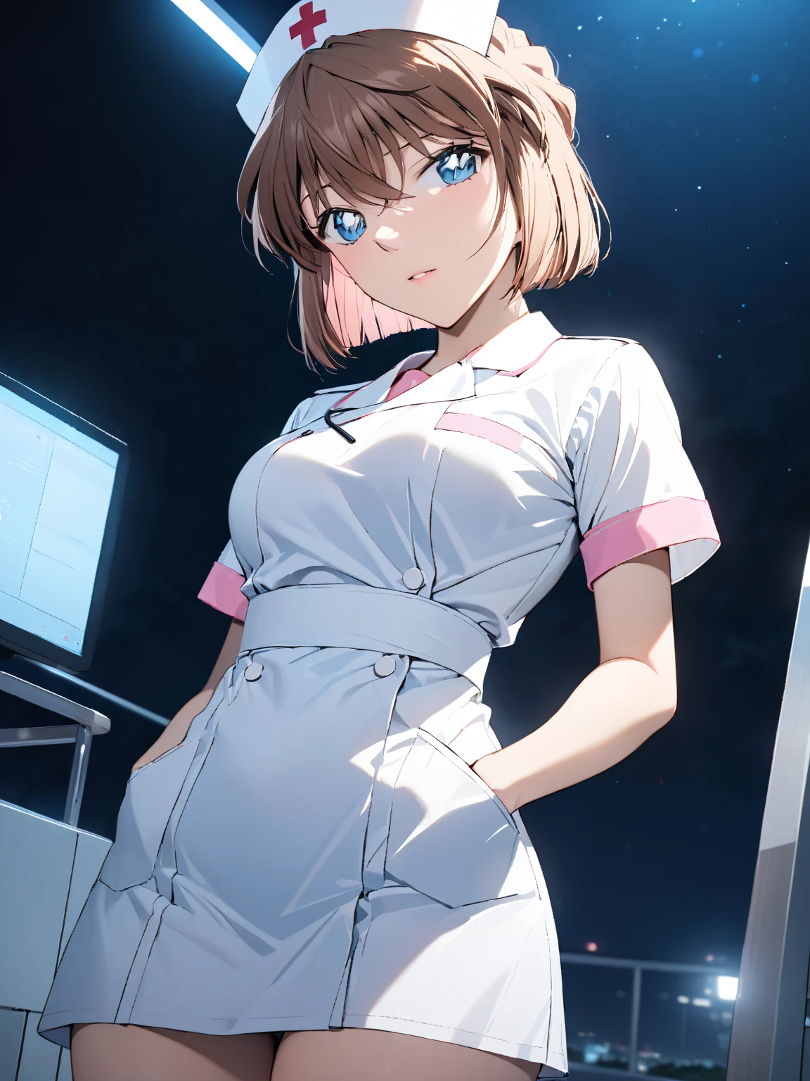 (Haibara Ai),  brown hair, nurse,  high school girl, Night sea,  cowboy shot ,  low angle, masterpiece:1.5, masterpiece, highest quality, UHD, retina, masterpiece, accurate anatomy, super detailed, high quality, best quality, 8k