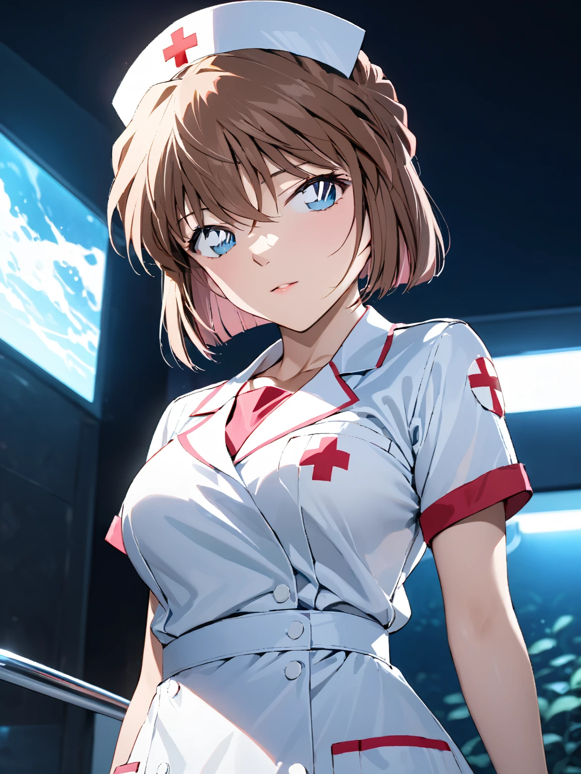 (Haibara Ai),  brown hair, nurse,  high school girl, Night sea,  cowboy shot ,  low angle, masterpiece:1.5, masterpiece, highest quality, UHD, retina, masterpiece, accurate anatomy, super detailed, high quality, best quality, 8k