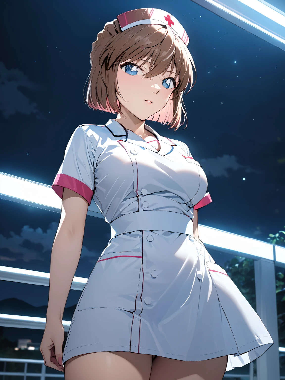 (Haibara Ai),  brown hair, nurse,  high school girl, Night sea,  cowboy shot ,  low angle, masterpiece:1.5, masterpiece, highest quality, UHD, retina, masterpiece, accurate anatomy, super detailed, high quality, best quality, 8k