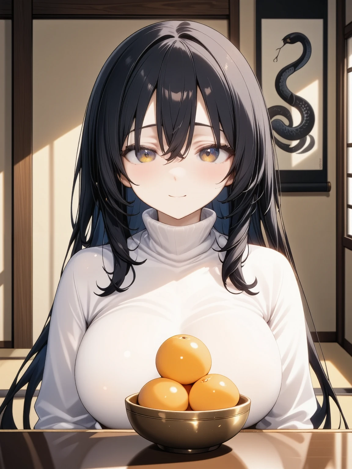 (In 8K, Best Quality, Master Piece: 1.2), Ultra High Resolution,16yo,ultra-detailed face,detailed eyes,black hair, straight hair,long hair,black eyes,blunt bangs,Mascara,white high-neck sweater,head rest,kotatsu,oranges on basket on the kotatsu,yunomi,happy,Loop Lightning,(hanging scroll depicting a snake in ink is hanging on the wall:1.2),(Japanese tatami:1.2)