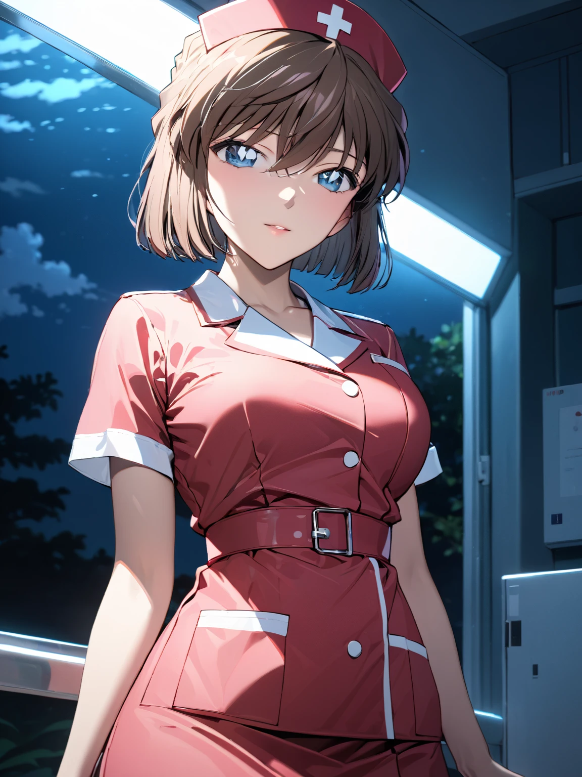 (Haibara Ai),  brown hair, nurse,  high school girl, Night sea,  cowboy shot ,  low angle, masterpiece:1.5, masterpiece, highest quality, UHD, retina, masterpiece, accurate anatomy, super detailed, high quality, best quality, 8k