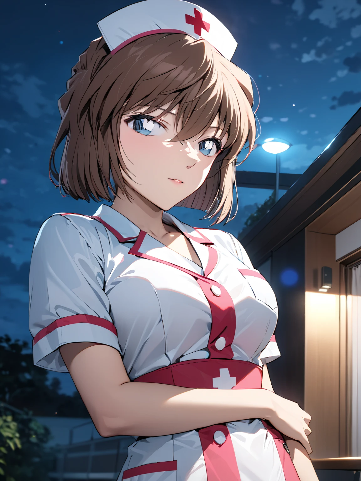 (Haibara Ai),  brown hair, nurse,  high school girl, Night sea,  cowboy shot ,  low angle, masterpiece:1.5, masterpiece, highest quality, UHD, retina, masterpiece, accurate anatomy, super detailed, high quality, best quality, 8k