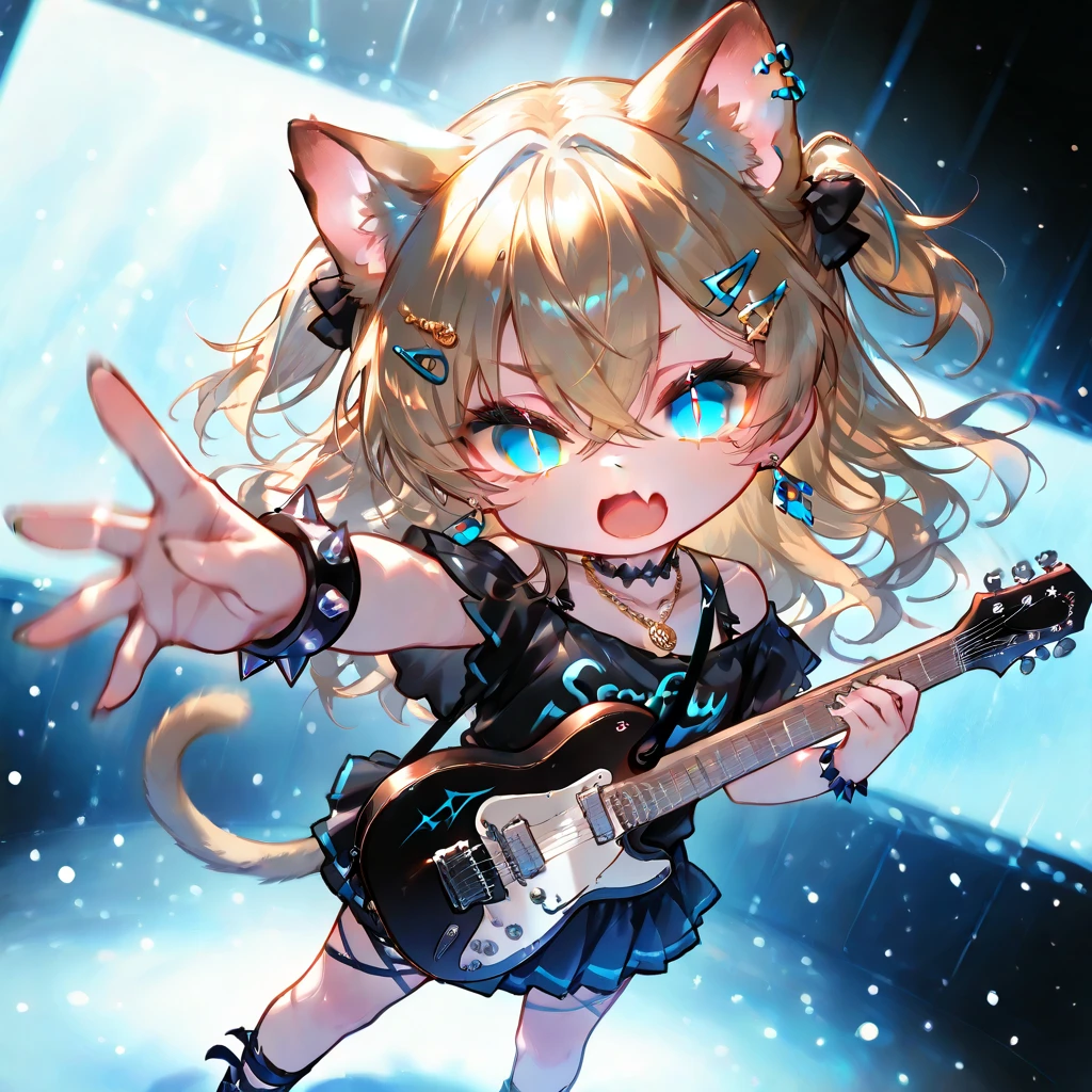 solo,1girl\((chibi:1.3), young, (slit pupils), (blue pupils), (Beautiful detailed eye:1.6),Open mouth, skin fang, Gold Hair, Long Hair, two side up, Crossed bangs, Cat-ears, cat-tail, Earrings,cute Hair Clip,necklace, wrist spike, (hard Punk fashion), short skirt,holding cute electric guitar\(stuffed toy strapped\), (dynamic pose), (dynamic performance),1arm raised\), dynamic angle, at live stage. masterpiece, best quality,motion blur,