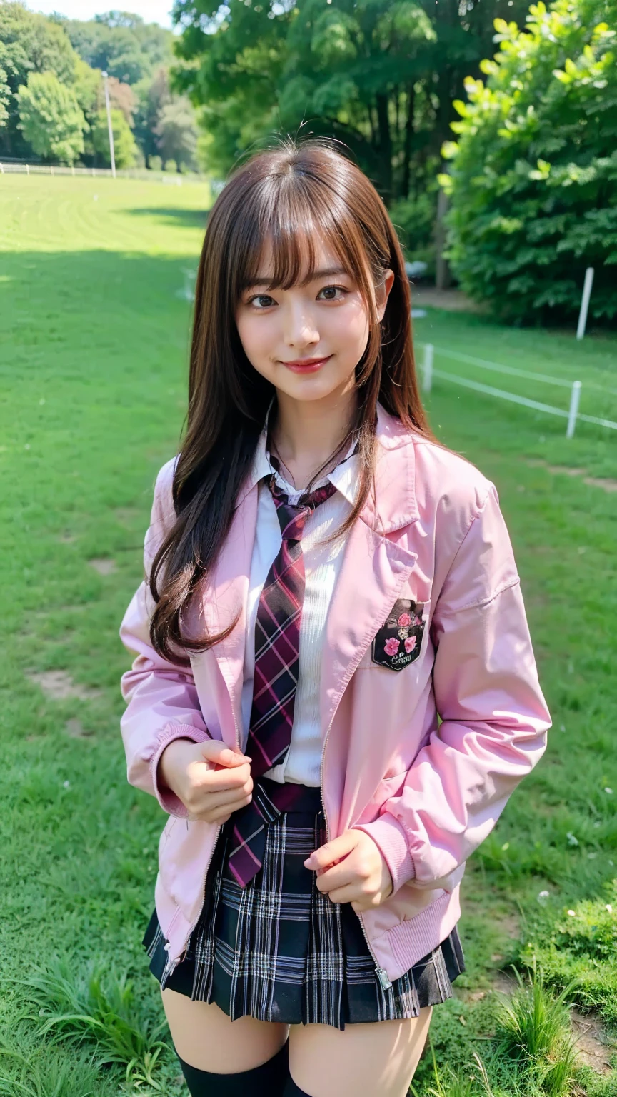 (8k、     RAW photos   、   top quality、masterpiece   :1.2)、(   realistic  、   realistic  )、1 person、((bangs、 ties、、tights、 boots、 Pink Jacket 、 Long Sleeve 、smile、whole body、 Black Plaid Mini Skirt、 shows shoulders、Flower Field、Narrow waist、 curled hair 、  standing facing you   )、 cute