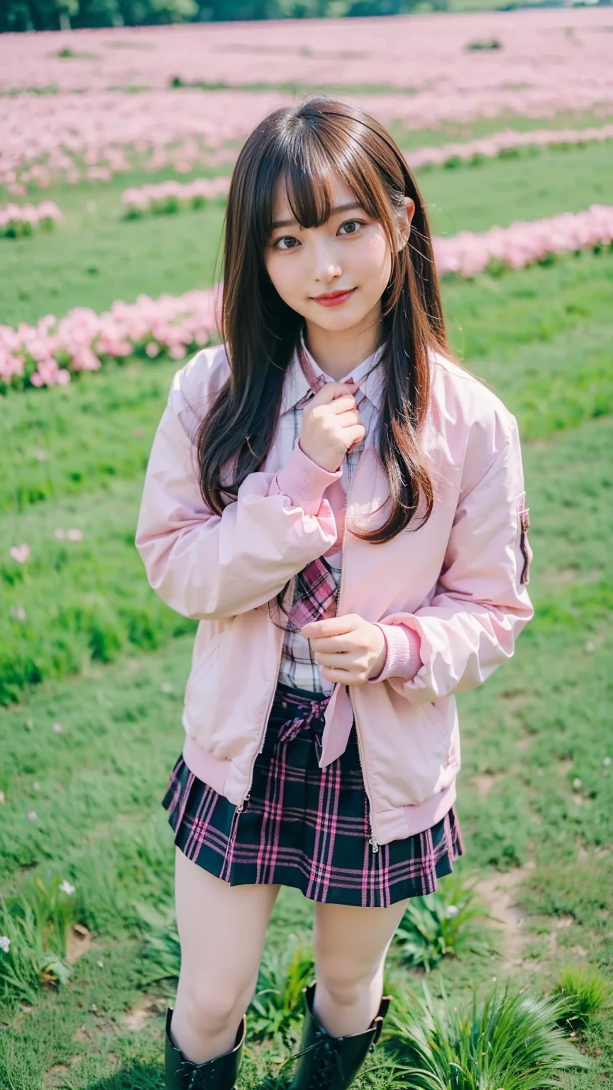 (8k、     RAW photos   、   top quality、masterpiece   :1.2)、(   realistic  、   realistic  )、1 person、((bangs、 ties、、tights、 boots、 Pink Jacket 、 Long Sleeve 、smile、whole body、 Black Plaid Mini Skirt、 shows shoulders、Flower Field、Narrow waist、 curled hair 、  standing facing you   )、 cute