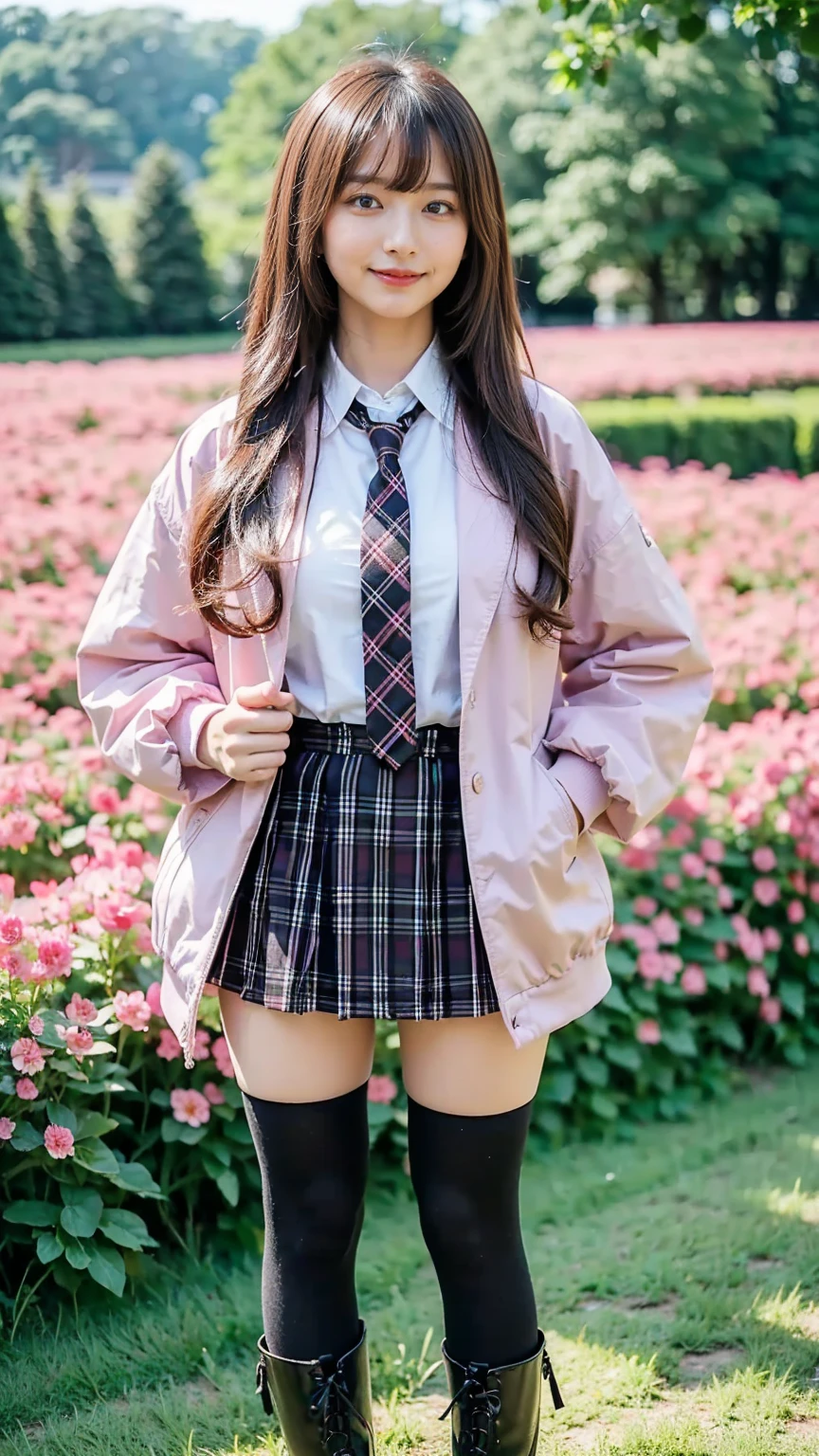 (8k、     RAW photos   、   top quality、masterpiece   :1.2)、(   realistic  、   realistic  )、1 person、((bangs、 ties、、tights、 boots、 Pink Jacket 、 Long Sleeve 、smile、whole body、 Black Plaid Mini Skirt、 shows shoulders、Flower Field、Narrow waist、 curled hair 、  standing facing you   )、 cute