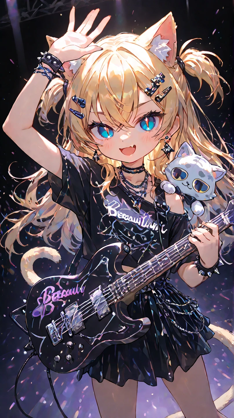 solo,1girl\(cute,small, young, (slit pupils), (blue pupils), (Beautiful detailed eye:1.6),Open mouth big,smile, skin fang, Gold Hair, Long Hair, two side up, Crossed bangs, Cat-ears, cat-tail, Earrings,cute Hair Clip,necklace, wrist spike, (hard Punk rock fashion), short skirt, dynamic pose, (dynamic live performance:1.3), holding cute electric guitar\(stuffed toy strapped\), 1arm raised\),  dynamic angle, at live stage. masterpiece, best quality,motion blur,dynamic camera work,movie cap