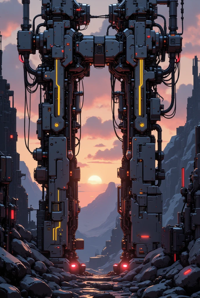 in the style of ck-mgs, A digital artwork in the style of cknc, a_skynet_cyberdyne_craft, the image is featuring an anime image of a forbidding mountain pass at sunset, guarded by two colossal gun towers, with huge laser turrets, made of a gleaming silver alloy with glowing led lights, and covered in intricate neon yellow electrical circuitry