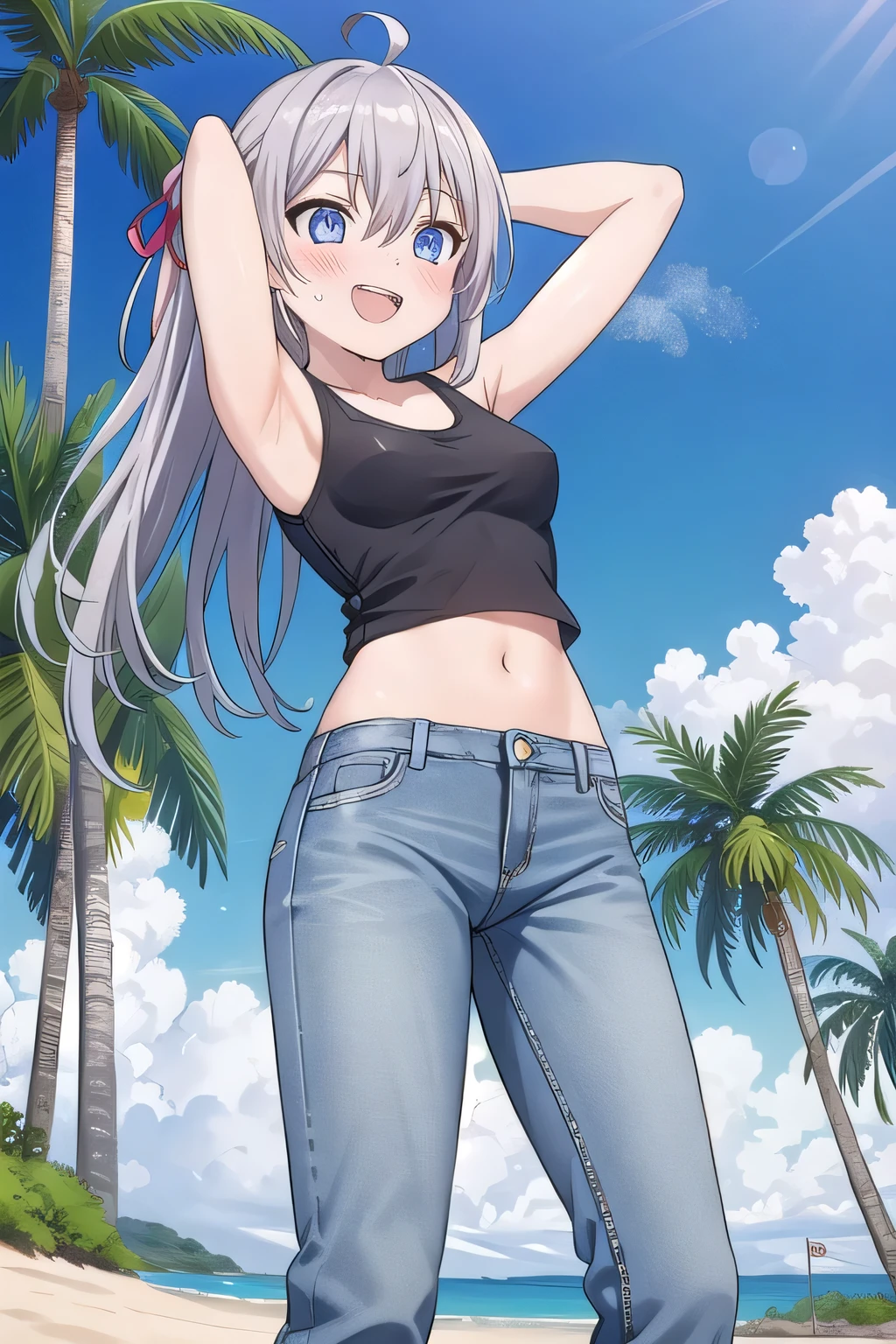 masterpiece,best quality,ultra detail,1girl, , peti ((round face, ecstasy, orgasm face, drooping eyes, shame smiling, blush)), dropping eyes, sleepy, background((under the beach, (day:1.2), palm tree, bright sky)), Alisa Mikhailovna Kujou, ahoge, long hair, grey hair, hair intakes, hair ribbon,red ribbon, sidelocks, hair between eyes,parted bangs, blue eyes, arms behind head, contrapposto, spread armpits, looking at viewer,, (white tank top:1.4), (white crop top:1.4), (jeans pants:1.2, flares jeans:1.2, skinny jeans:1.2, blue jeans:1.2), standing, (legs spread:1.2), sex pose, Sweaty crotch, Steam from the crotch, from below, full medium body