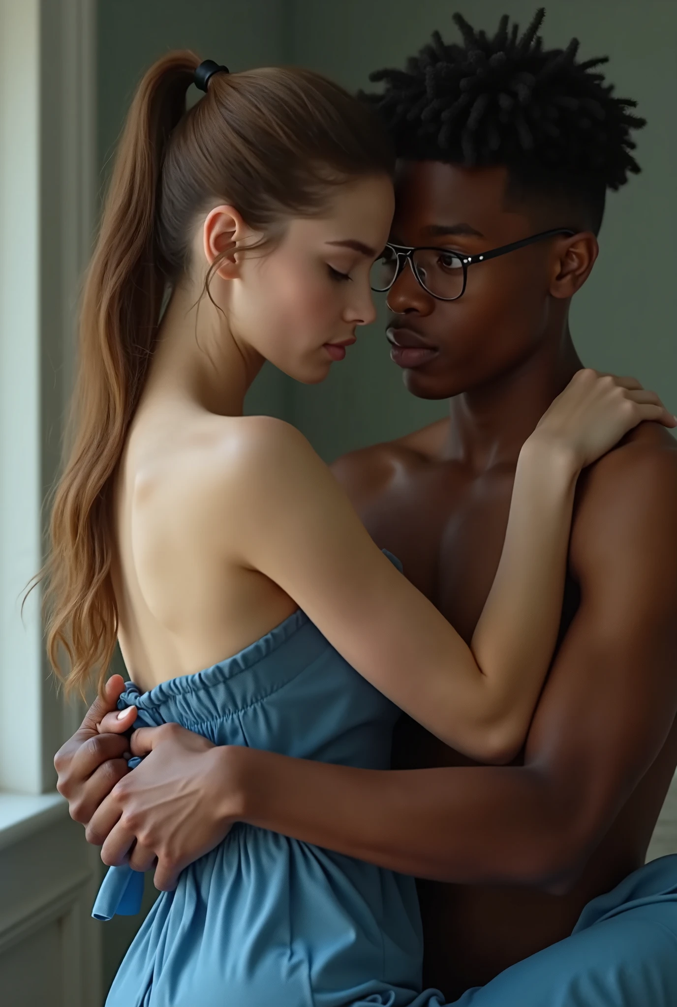Portrait of a cute 16 year old girl beautiful face perfect petit teen, German, in cotton panties, sad, look down, 2 black african man, evil look, one is very close to her and hugging from behind (a charming girl's room with silk curtains, dark and light grumpy: 1.2) Man's hand inside the panties