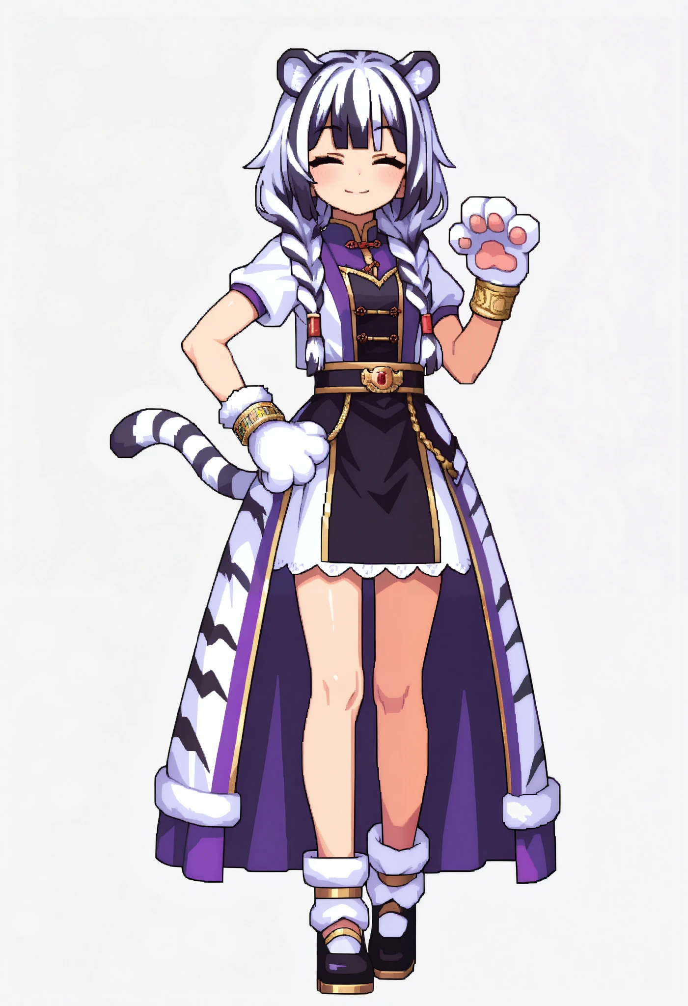 masterpiece, best quality, solo, 1girl,  simple background, full body, pixel art, white background, white tiger ears, white tiger tail, closed eyes, purple outfit, black outfit, multicolored outfit, bracelets, runic outfit , magical dress, low twin braids, happy, smile, paw gloves, pose.