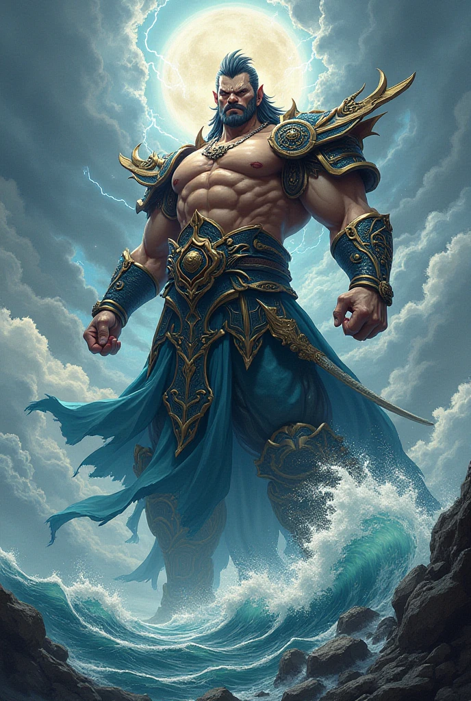 young warrior of poseidon king of the seas, with background effects that symbolize glory and power