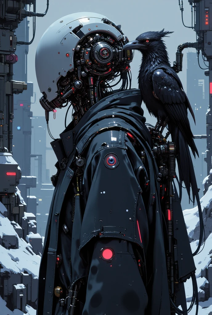 A mysterious astronaut stands shrouded in a delicate, translucent veil of frost. Their pale, almost translucent helmet glows softly in the dim light, and their dark raven-black space cape cascades behind them like a shadow. A large raven perches on their shoulder, its black feathers glistening with frost, matching the icy surroundings. The astronaut stands on a snow-covered cliff overlooking a frozen alien landscape, their cold blue visor piercing through the frosty veil. The air is filled with swirling snow, and the atmosphere is both haunting and ethereal. The scene is detailed with a focus on the icy textures, sharp contrasts between light and shadow, and the mystical presence of the astronaut and raven, head and shoulders portrait, 8k resolution concept art portrait by Greg Rutkowski, Artgerm, WLOP, Alphonse Mucha dynamic lighting hyperdetailed intricately detailed Splash art
