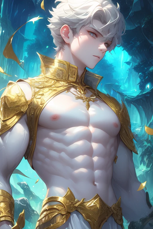 Man with short curly hair,  white skin,  gray eyes,  well-balanced muscular body,   gold details, Expectations, confident,