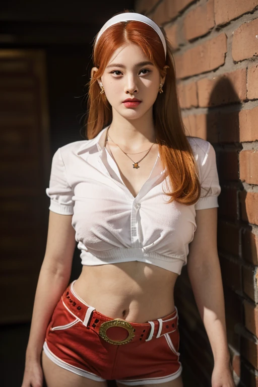 (RAW shooting, Photoreal:1.5, 8k, highest quality, masterpiece, ultra high resolution), perfect dynamic composition:1.2, Highly detailed skin and facial textures:1.2,beautiful and aesthetic:1.2,full body, sandals, Fair skin, (large breast:1.4, Chest gap:1.4),(connie,hair band,earrings,necklace,1girl, tall, long legs, makeup:1.2, long hair, ginger hair, navel,perfect thigh:1.4, tight tied shirt,short sleeves, tight red short pants:2, belt:1.2),(simple background:1),