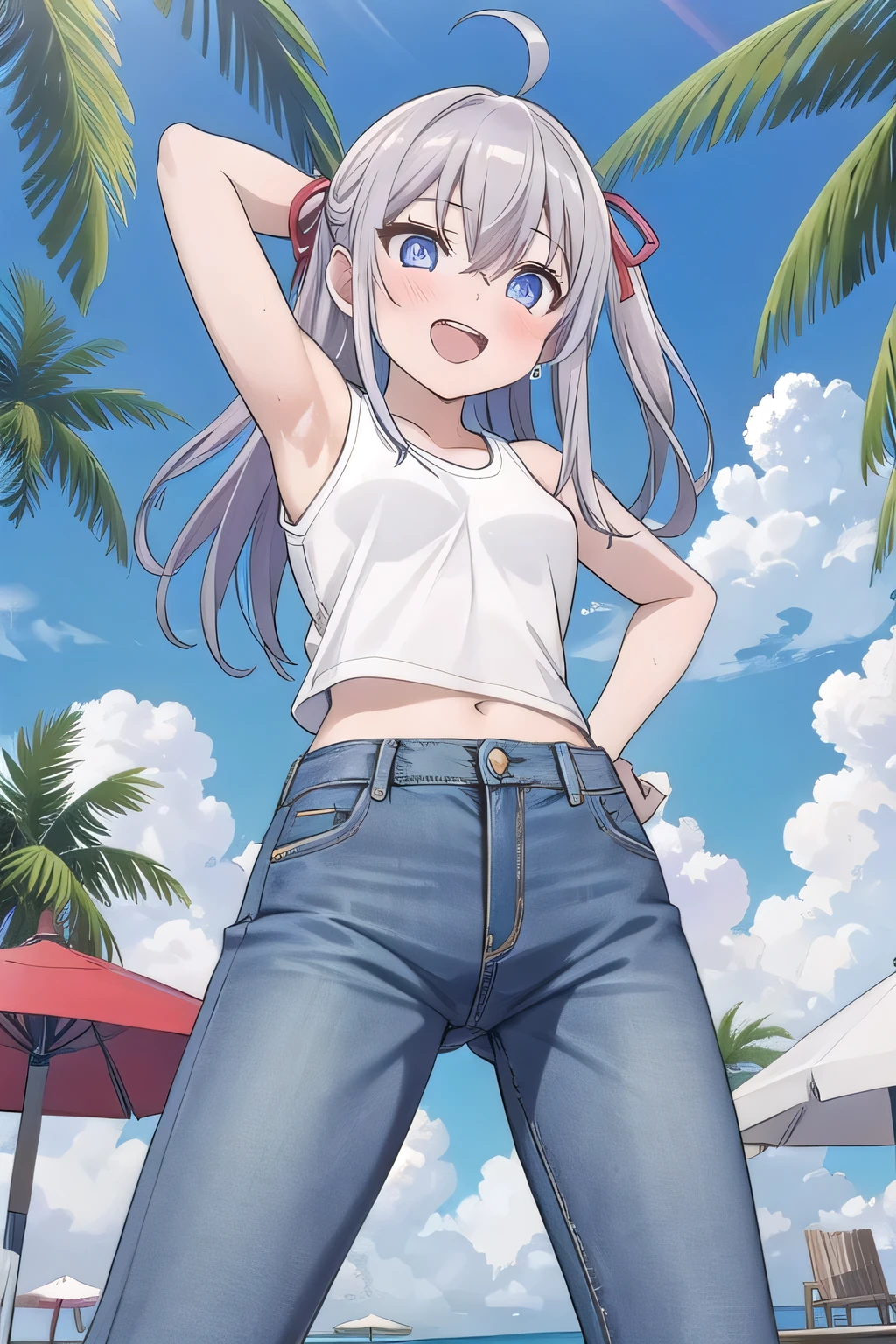 masterpiece,best quality,ultra detail,1girl, 14yo, petite, ((round face, ecstasy, orgasm face, drooping eyes, shame smiling, blush)), dropping eyes, sleepy, background((under the beach, (day:1.2), palm tree, bright sky)), Alisa Mikhailovna Kujou, ahoge, long hair, grey hair, hair intakes, hair ribbon,red ribbon, sidelocks, hair between eyes,parted bangs, blue eyes, arms behind head, contrapposto, spread armpits, looking at viewer,, (white tank top:1.4), (white crop top:1.4), (jeans pants:1.2, flares jeans:1.2, skinny jeans:1.2, blue jeans:1.2), standing, (legs spread:1.2), sex pose, Sweaty crotch, Steam from the crotch, from below, full medium body