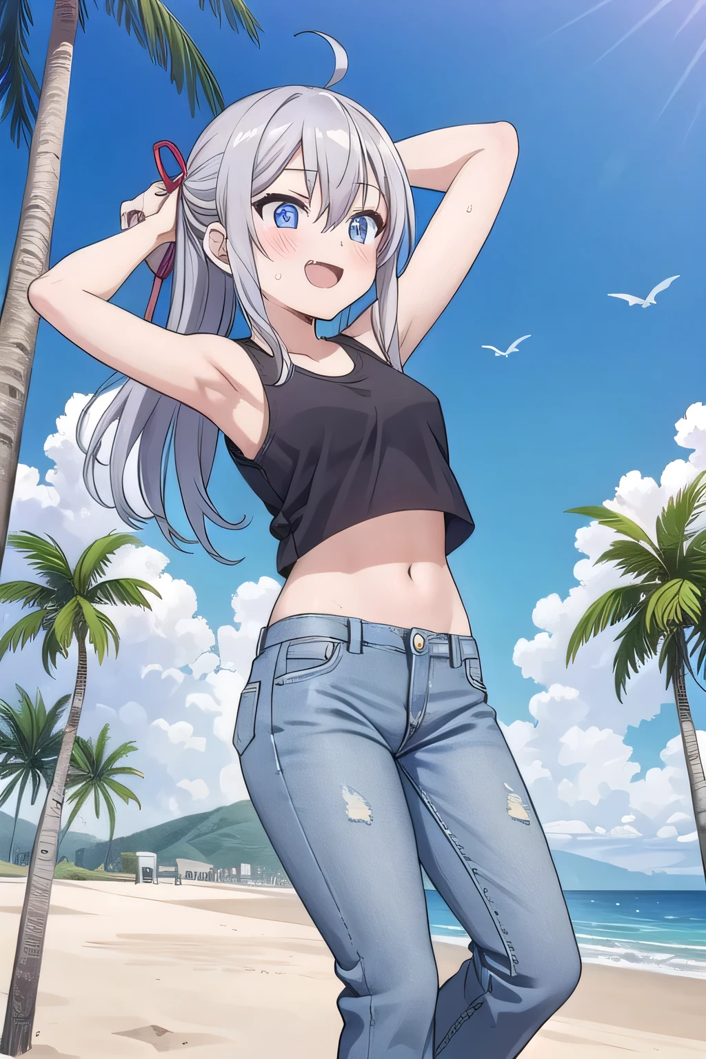 masterpiece,best quality,ultra detail,1girl, , peti ((round face, ecstasy, orgasm face, drooping eyes, shame smiling, blush)), dropping eyes, sleepy, background((under the beach, (day:1.2), palm tree, bright sky)), Alisa Mikhailovna Kujou, ahoge, long hair, grey hair, hair intakes, hair ribbon,red ribbon, sidelocks, hair between eyes,parted bangs, blue eyes, arms behind head, contrapposto, spread armpits, looking at viewer,, (white tank top:1.4), (white crop top:1.4), (jeans pants:1.2, flares jeans:1.2, skinny jeans:1.2, blue jeans:1.2), standing, (legs spread:1.2), sex pose, Sweaty crotch, Steam from the crotch, from below, full medium body
