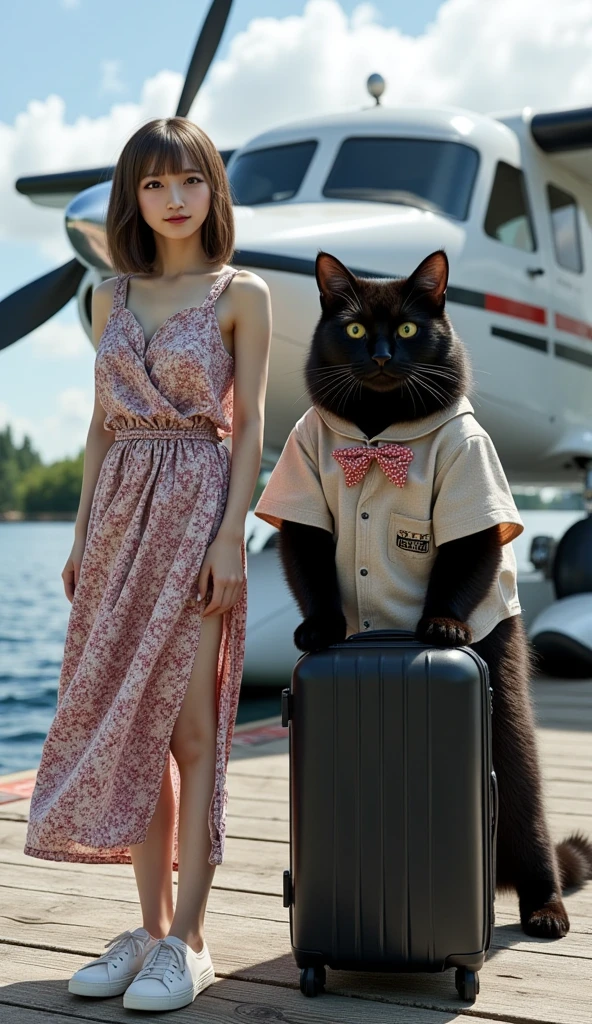 ultra-realistic, photorealistic, dramatic scene, shadow, global-illumination, solo, 1 girl\( 20 years old Japanese beautiful girl, beautiful with cute face, wearing a cute patterned one-piece dress with long skirt, pastel camisole, shoulder-length brown hair, accessories, simple sneaker, elegant hat\), 1 human-like giant black cat\( human-like giant black cat, bow tie, wearing a conservative aloha-shirt, slight taller than the girl, with her, wearing an dark colored aloha-shirt, holding a large suits case, little chubby\), the girl and human-like giant black cat are board the private flying boat moored at the private seaplane port, latest stylish flying boat with single propeller, monoplane