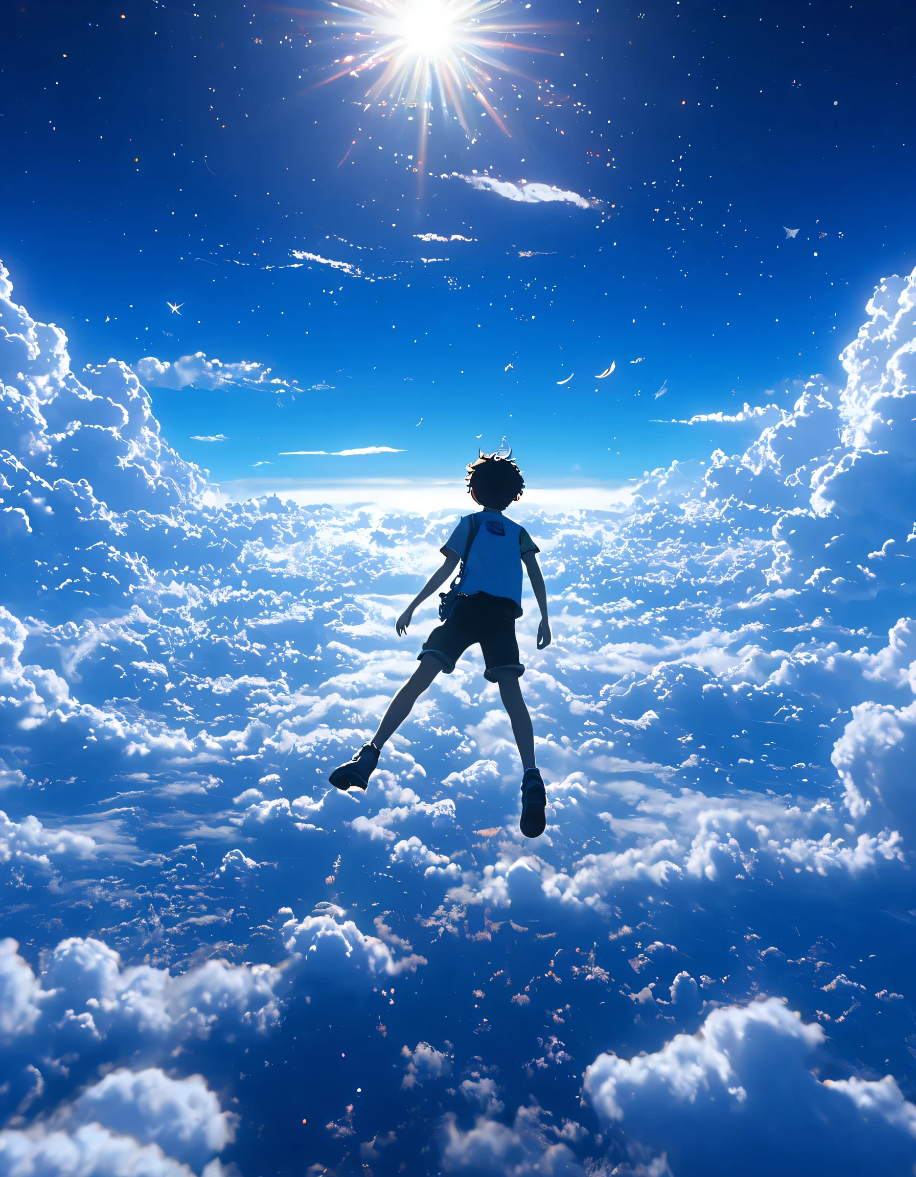  Image only of sky :1.5、summer sky,realistic,極めてrealistic,   extremely detailed ,increíblemente realistic,    high contrast realism    ,     high saturation realism   ,   bright colors ,   dramatic lighting   , attractive scenery ,    is at the top of the compelling narrative  ,  Star shaped,  the highlight of a very detailed CG unit standing on 、 A captivating story   , Stunning images  ,   intricate details,strong emotions,belleza celestial, A dream world ,  Boy floating above the clouds    )、scattered clouds  