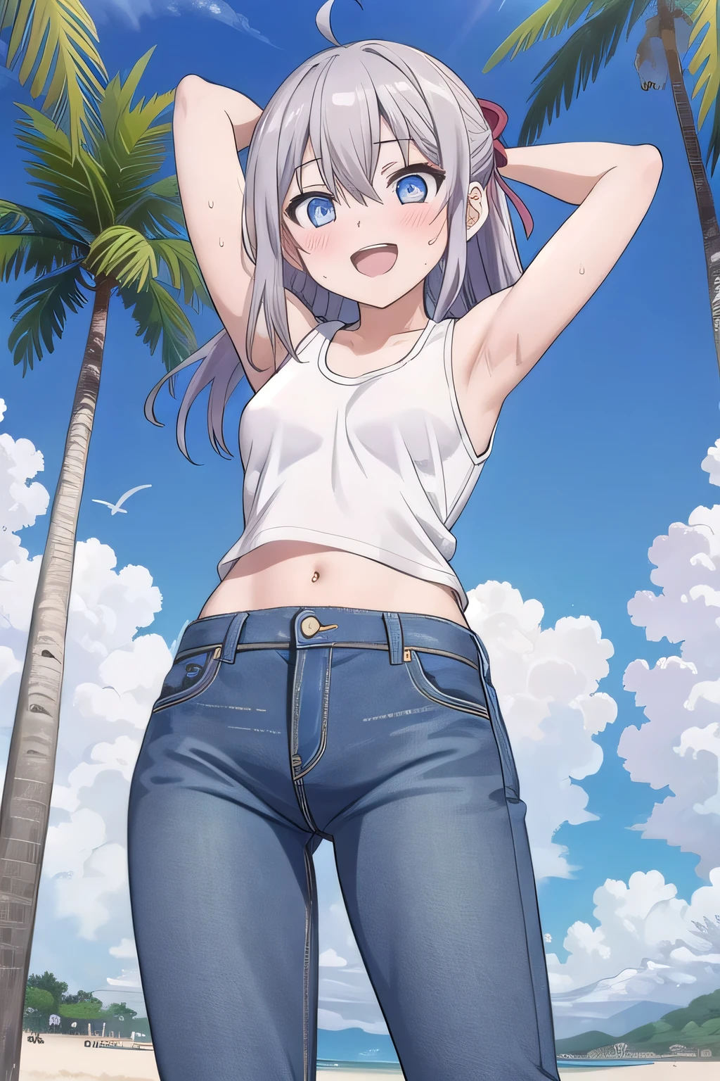 masterpiece,best quality,ultra detail,1girl, ****, ***ite, ((round face, ecstasy, orgasm face, drooping eyes, shame smiling, blush)), dropping eyes, sleepy, background((under the beach, (day:1.2), palm tree, bright sky)), Alisa Mikhailovna Kujou, ahoge, long hair, grey hair, hair intakes, hair ribbon,red ribbon, sidelocks, hair between eyes,parted bangs, blue eyes, arms behind head, contrapposto, spread armpits, looking at viewer,, (white tank top:1.2), (white crop top:1.2), (jeans pants:1.2, flares jeans:1.2, skinny jeans:1.2, blue jeans:1.2), standing, (legs spread:1.2), sex pose, Sweaty crotch, Steam from the crotch, from below, full medium body