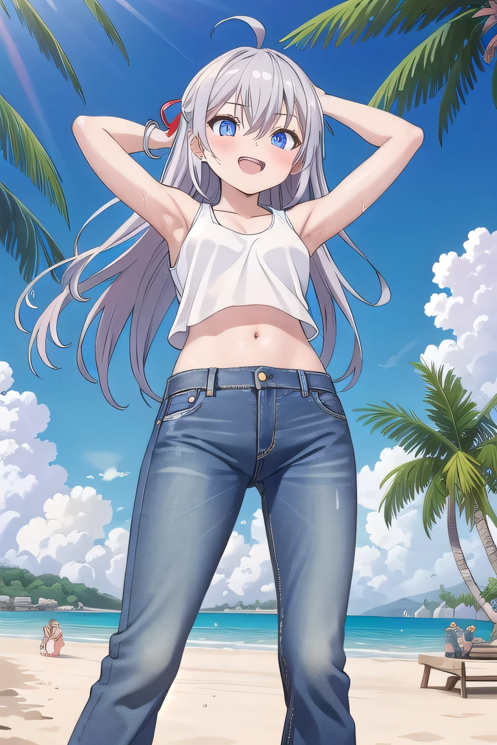 masterpiece,best quality,ultra detail,1girl, , peti ((round face, ecstasy, orgasm face, drooping eyes, shame smiling, blush)), dropping eyes, sleepy, background((under the beach, (day:1.2), palm tree, bright sky)), Alisa Mikhailovna Kujou, ahoge, long hair, grey hair, hair intakes, hair ribbon,red ribbon, sidelocks, hair between eyes,parted bangs, blue eyes, arms behind head, contrapposto, spread armpits, looking at viewer,, (white tank top:1.2), (white crop top:1.2), (jeans pants:1.2, flares jeans:1.2, skinny jeans:1.2, blue jeans:1.2), standing, (legs spread:1.2), sex pose, Sweaty crotch, Steam from the crotch, from below, full medium body