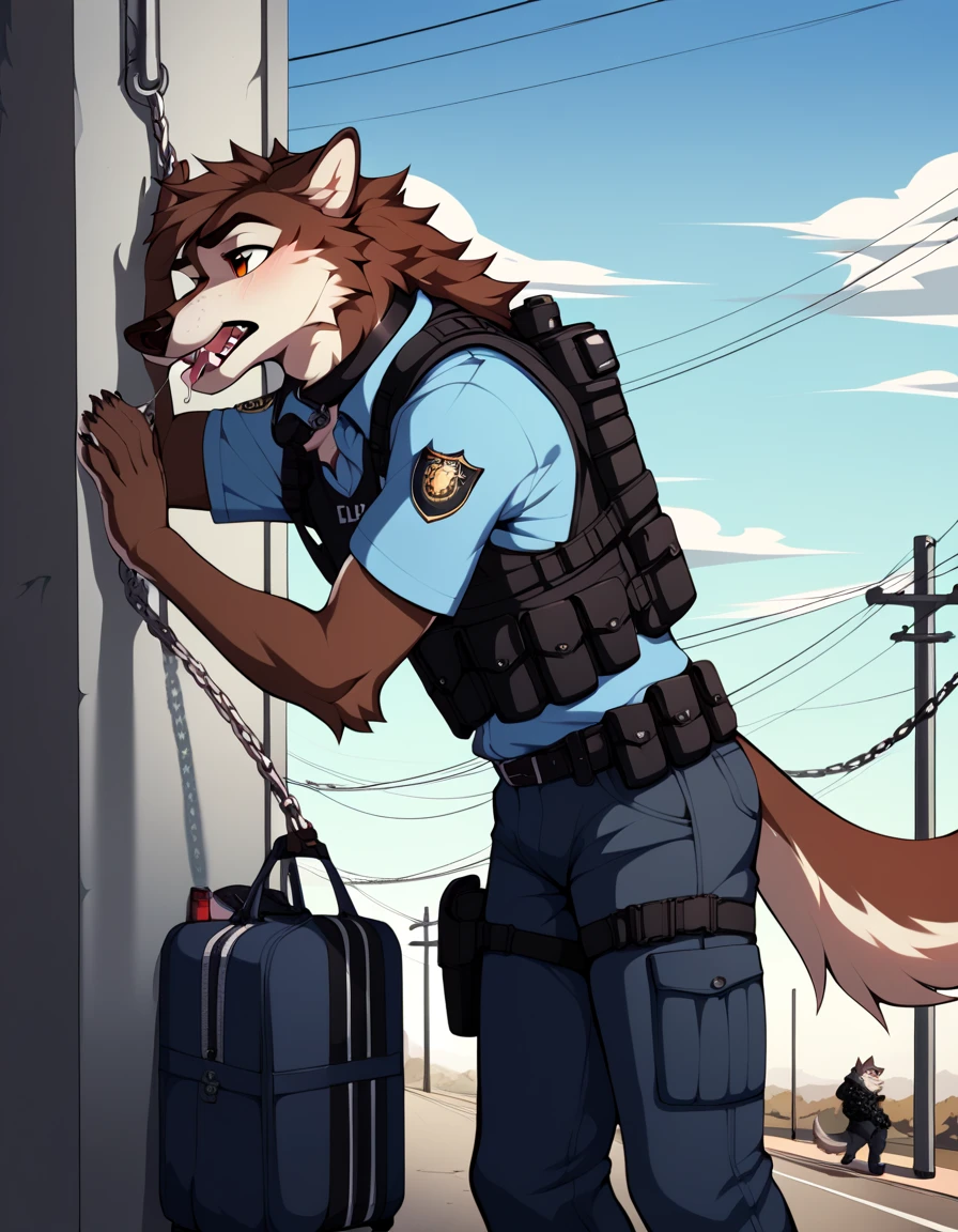  very extra long haired, anthropomorphic, adult, furry, wolf, wearing a heavy police vest,panting, transit station,anthro, black tactical uniform, chain collar, adult furry wolf, wavy hair, long slender snout, sniffing luggage, furry wolf sniffling the luggage with it's nose, saliva 