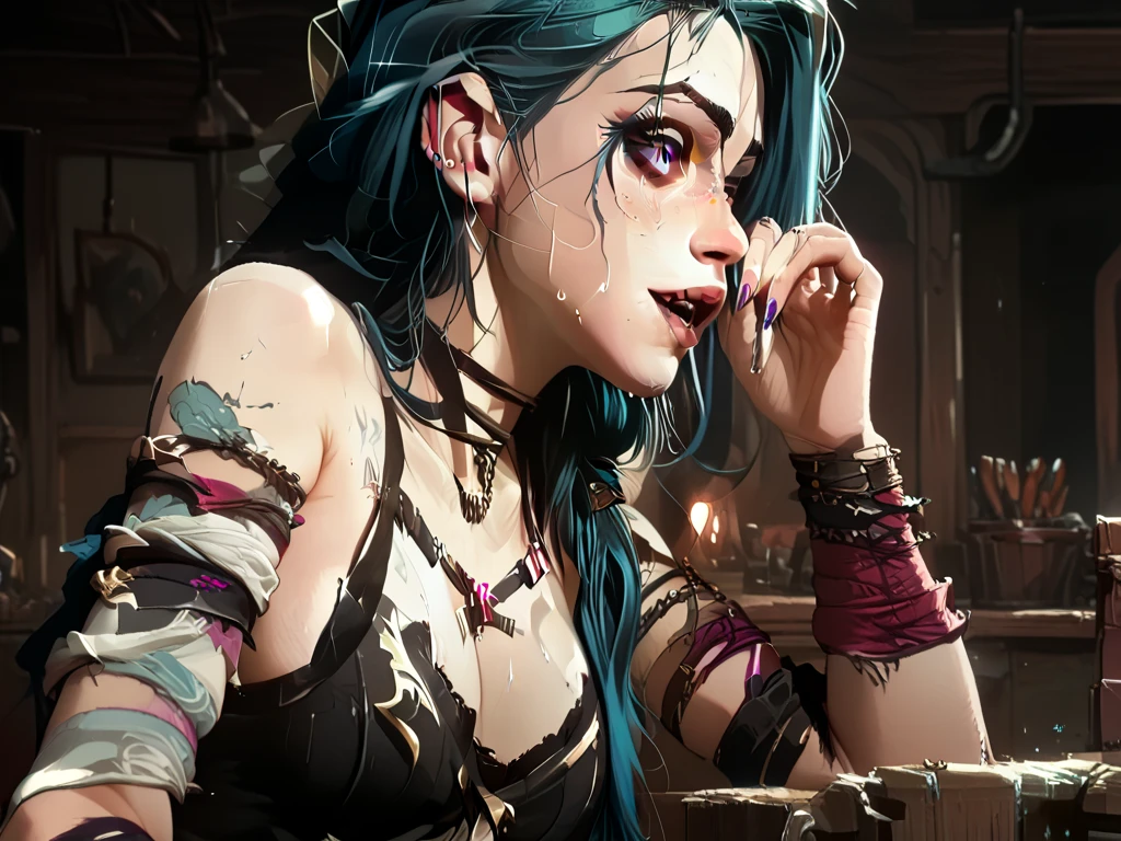 Overwatch render, Jinx,  n1kepr0 leggings, holding her ass, big breasts, excited facial expression, soft light, bright light, wardrobe, full frame, sexy pose, dripping sweat, beautiful fingers, dynamic pose, beautiful eyes, rear view