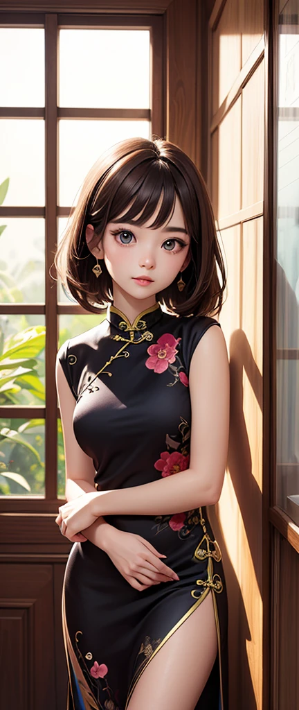 girl,full bodyesbian,(Detailed face:1.2), tmasterpiece, Fashionab,on cheongsam,, Medium hair, brunette color hair, dual horsetail, bluntbangs, greene eyes,