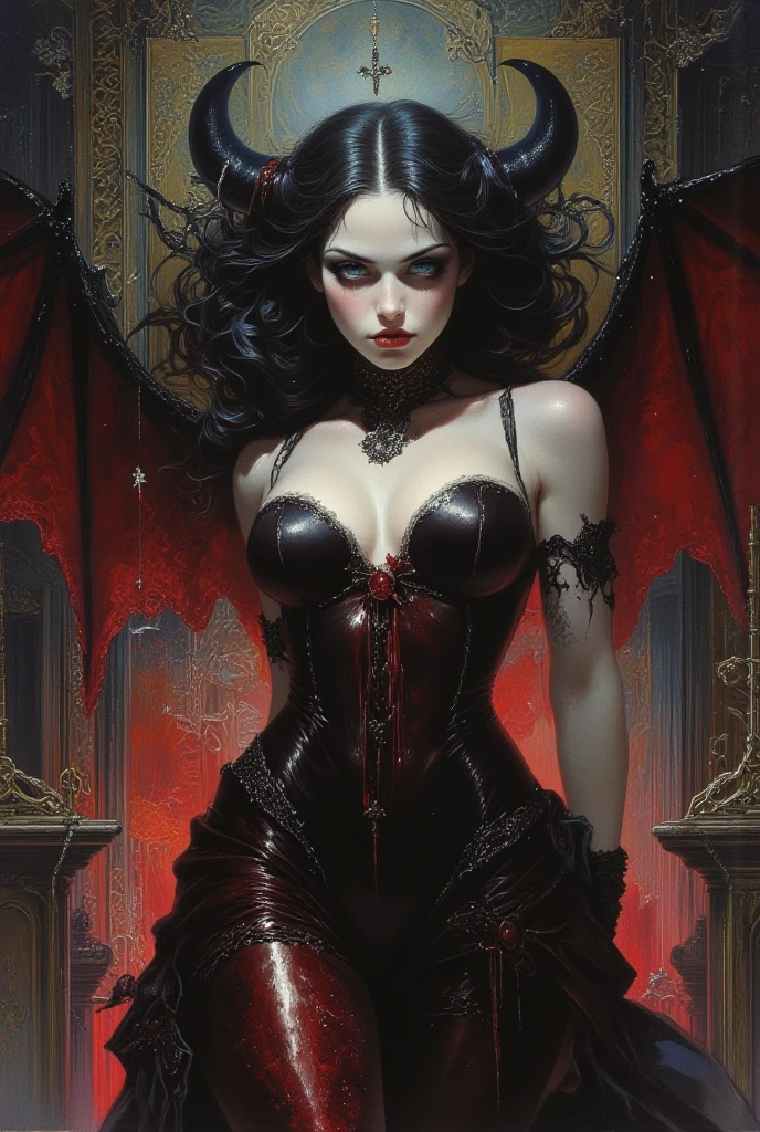 vampires, thick black hair pale skin, Eyes red, Red lips, Black armor with red details, with pointy ears, dark, dark Castle, fully body, SITTING ON A THRONE