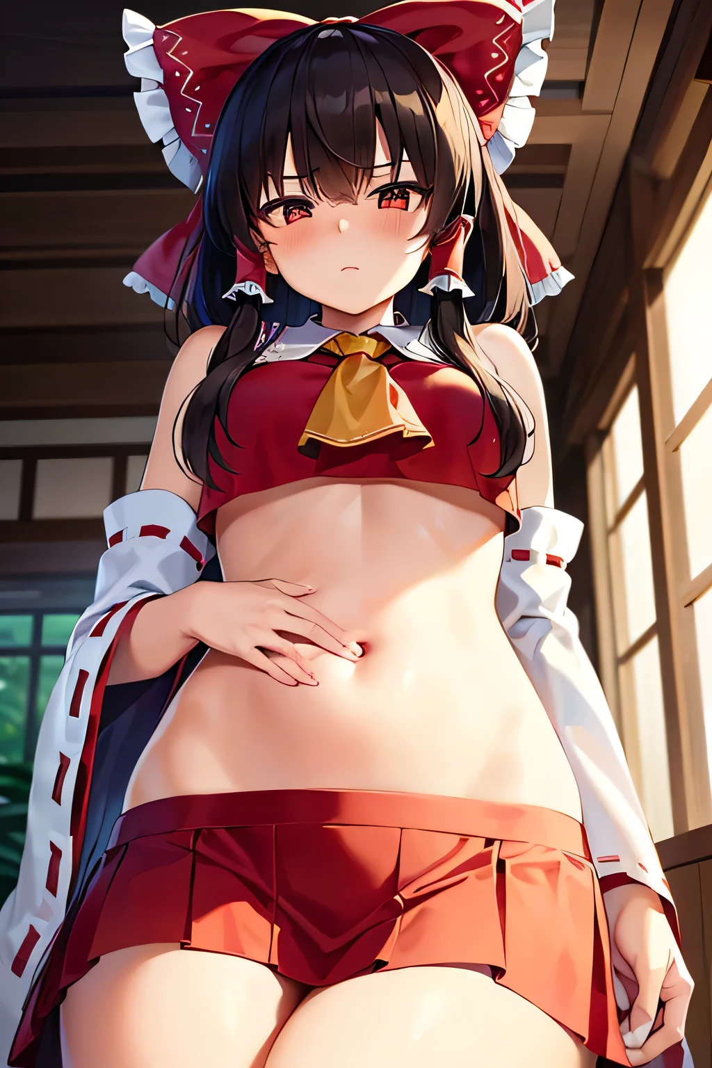 Reimu Hakurei、shrine、domestic、Beautiful woman、Confused Eyes、Cold look、Look at me、Best image quality、High resolution、masterpiece、super high quality、Orgasm Facial、White panties、White bra、Blushing、4K quality、Blushing、Spread your legs wide、Luxurious chair、Sweaty all over、Heavy breathing、Shaking breasts、上下にShaking breasts、Angle from the feet