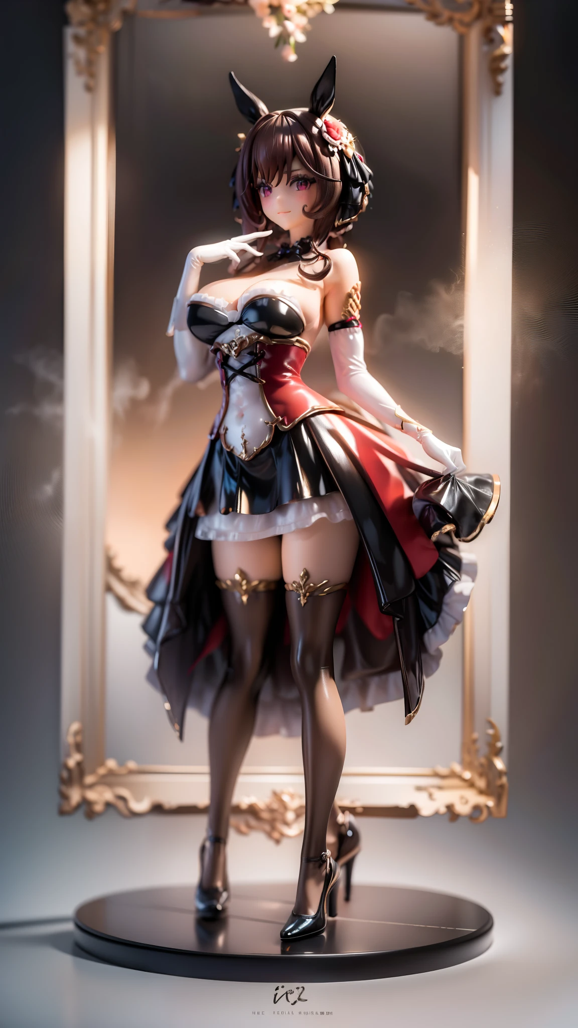 A woman in a very glamorous costume in a digital painting, wearing high heels, 1 girl, Alone, animal ears , Horse Girl, brown hair, horse Tail, gloves, White Background , Tail, simple background, Official Alternative Costume , thigh-length socks, high heels,Curvy
