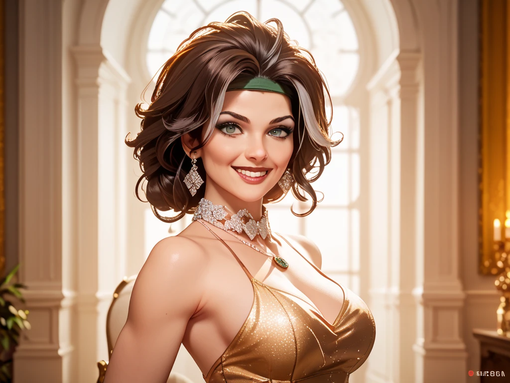 Rogue Marvel character, High resolution, The best quality,  tall details, HD model, 8k, super detailed, Celebrating the end of the year, elegant dress, neckline, mischievous smile, sexy pose