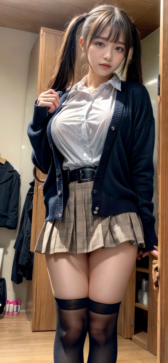 High quality, Ultra detailed, best quality, insanely detailed, beautiful, masterpiece、8k、nsfw、spread pussy、upskirt、skirt lift、skirt lift by myself、((show off pussy1.4))、pubic hair、pussy focus、public indecency、((from below:1.3))、looking at viewer、spread pussy、bottomless、cinematic lighting、、black cardigan、clothed、city