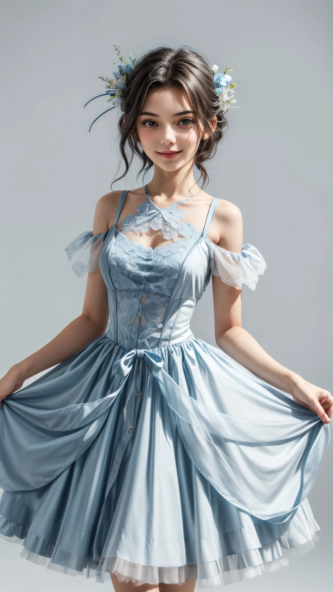 girl, (, earlye:1.6), see-through layered micro dress, short detached sleeves, see-through layered tutu skirt, breasts, shoulder, (clavicle), stylish hair, looking at viewer, smile, closed-mouth, ethereal light, blooming-light effect, (dingdall effect), tyndall effect, top quality, masterpiece, uniform, hair ornament, thin light blue lace, simple background, contrasting light-shadow composition, 