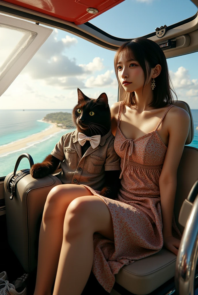 ultra-realistic, photorealistic, dramatic scene, shadow, global-illumination, solo, 1 girl\( 20 years old Japanese beautiful girl, beautiful with cute face, wearing a cute patterned one-piece dress with long skirt, pastel camisole, shoulder-length brown hair, accessories, simple sneaker, elegant hat\), 1 human-like giant black cat\( human-like giant black cat, bow tie, wearing a conservative aloha-shirt, slight taller than the girl, with her, wearing an dark colored aloha-shirt, holding a large suits case, little chubby\), the girl and human-like giant black cat are sitting at the cockpit of the latest stylish private flying boat moored at the private seaplane port, the cat is piloting a latest flying boat with single propeller, monoplane, flying in the sky, amazing view of beautiful beach in the resort island from the sky,