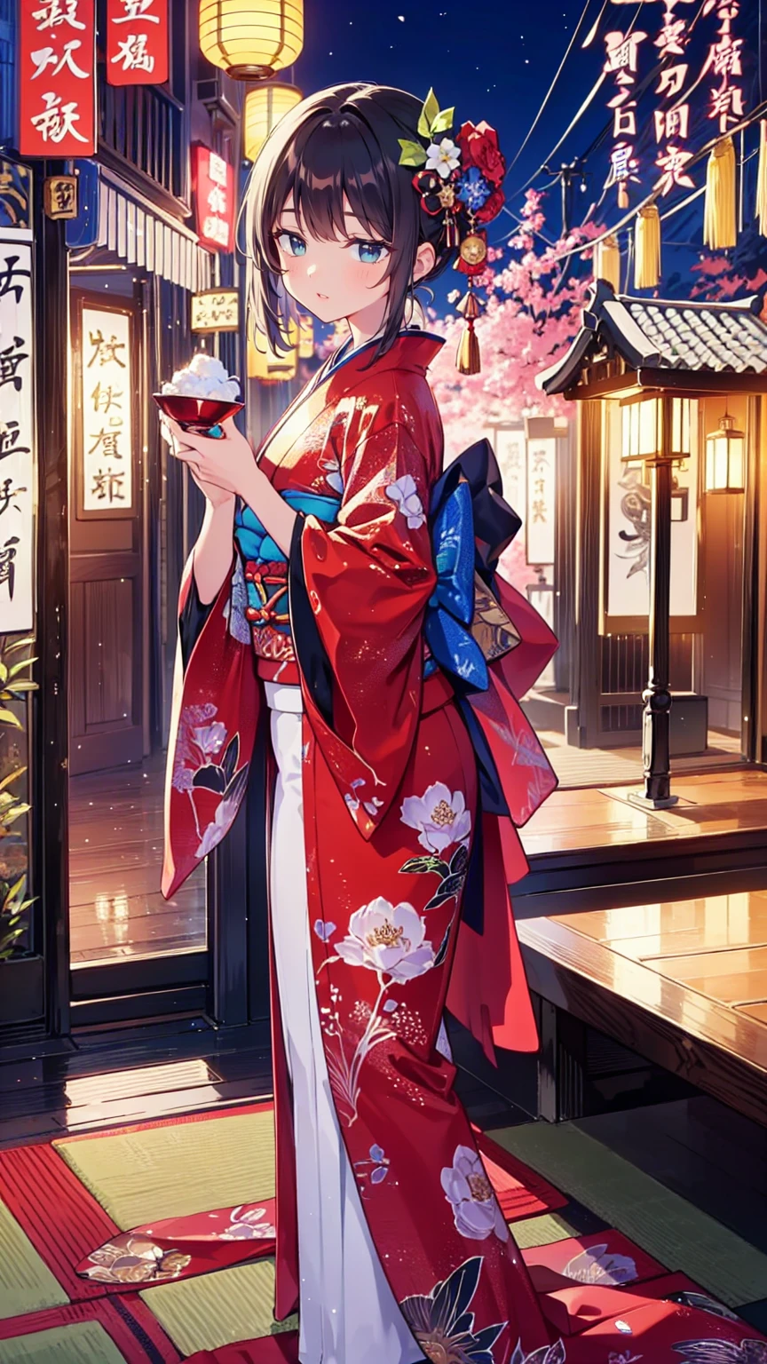  Japanese New Year、Long-sleeved kimono、Very beautiful girl、banquet、New Year's party/New Year's Eve party/ new year party
