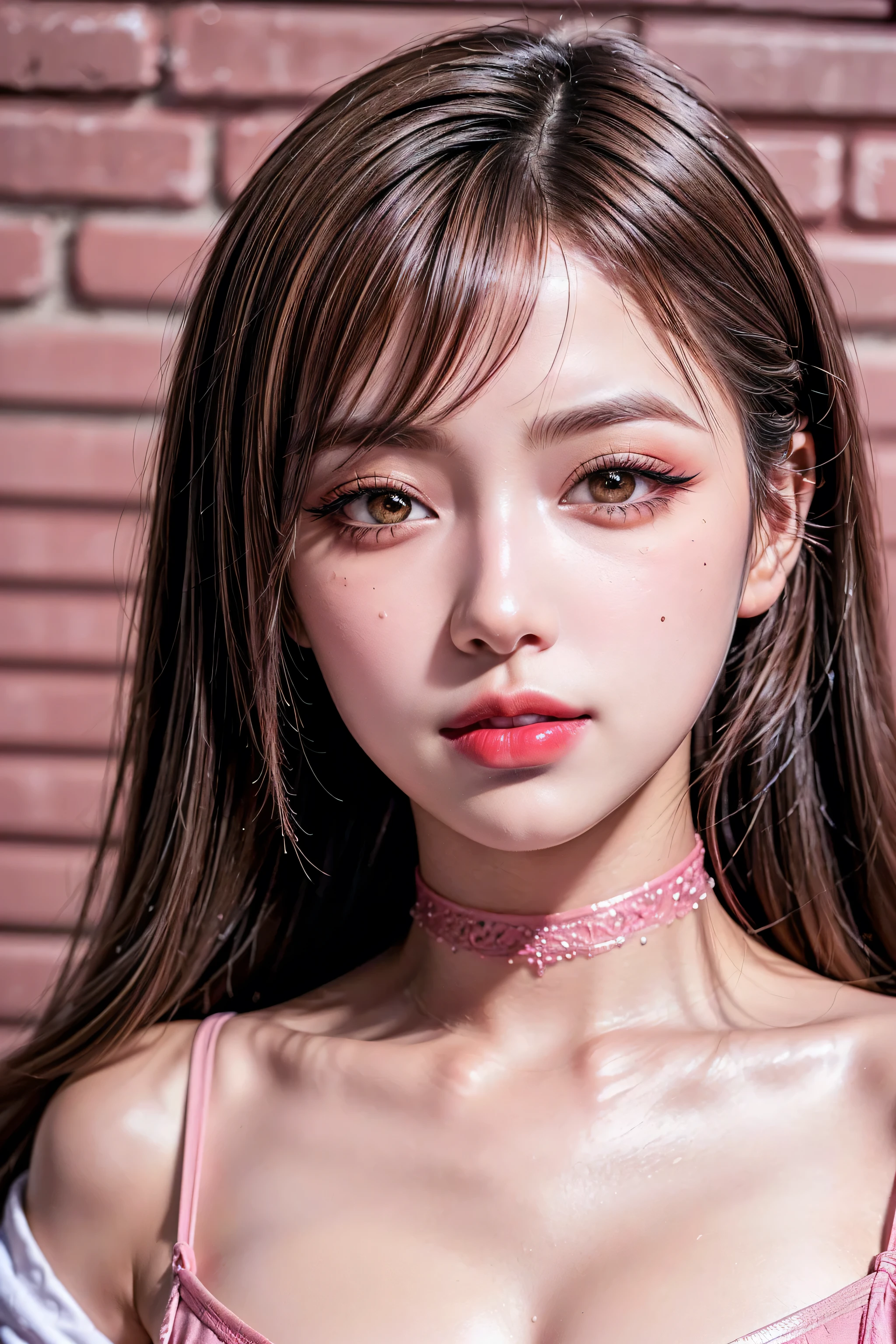 Realistic (photorealistic Realism), (high resolution), ((intricately detailed digital art)), professional photography, ((portrait)) a [Rosé from blackpink], (ultra realistic texture details: velvety skin, hair),(close- up eyes:1.3),((sharp focus, no blurry, high resolution, absurd quality, Realistic brown_eyes:1.4), intricately detailed:1.3), ((extremely fine details eyes)), ((extra narrow eyebrows)), (Carefully draw Long eyelashes), (perfect round eyes:1.3), (finely detailed pupils:1.3), ((extremely fine details pupils:1.3)), ((extremely fine details iris of the eyes:1.3)), (Shining, mesmerizing, Vibrant eyes:1.2), (professional makeup:1.4), ((perfect eyeshadows:1.4)), detailed lips:1.3, (apply glossy red_lipstick:1.34), (pink_makeup:1.3), (beautiful little nose), (perfect proportions:1.2),(small head),(anatomically correct), perfect female body, (firm and full breasts), (Super beautiful), (vivid and colorful), The attention to detail, focus of girl, dynamic pose, sexy and seductive, flirty smile, dslr, high quality split lighting, sharp focus captured by Fujifilm XT3, f 5.6, in a dramatic lighting. (perfect composition), (Style your hair, Long Hair, Blonde, My hair is messy, ((pink)) highlights, has hair on one eye), choker, ((Brick wall, Graffiti)), (oversized shirt,Outside the shoulder, transparent white shirt), exquisite balance of shadows, look at the viewer,